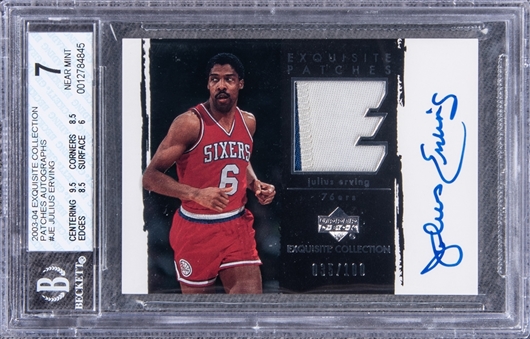 2003-04 UD "Exquisite Collection" Patches Autographs #JE Julius Erving Signed Game Used Patch Card (#035/100) - BGS NM 7/BGS 10